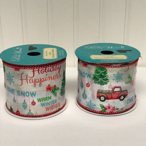 Pioneer Woman Decorative Ribbon Holiday Sentiments Red Vintage Truck Lot of 2 - Picture 1 of 4